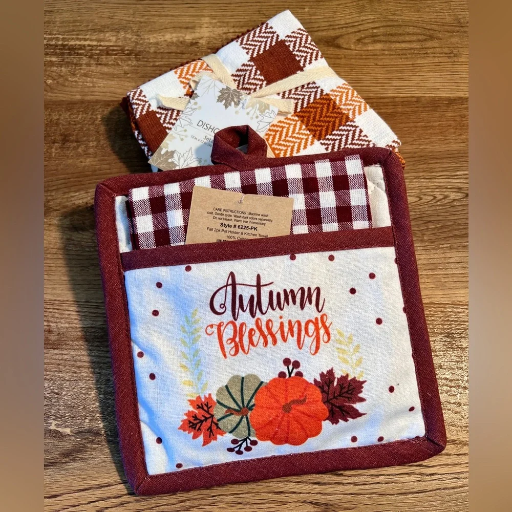 Autumn Blessings Pot Holder and Towel‎ Set and Set of Four Dishcloths